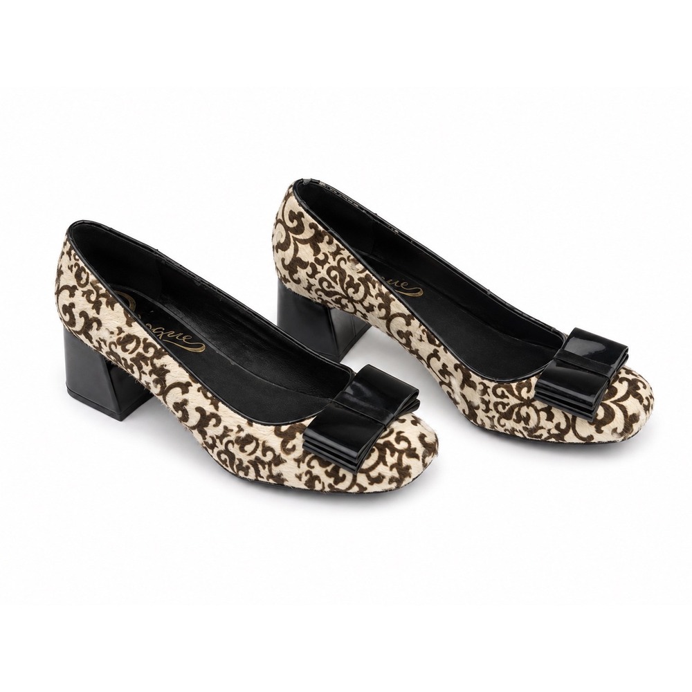 Vogue Brown Print Calf Hair Block Heel Bow Pumps Women's Size 8.5